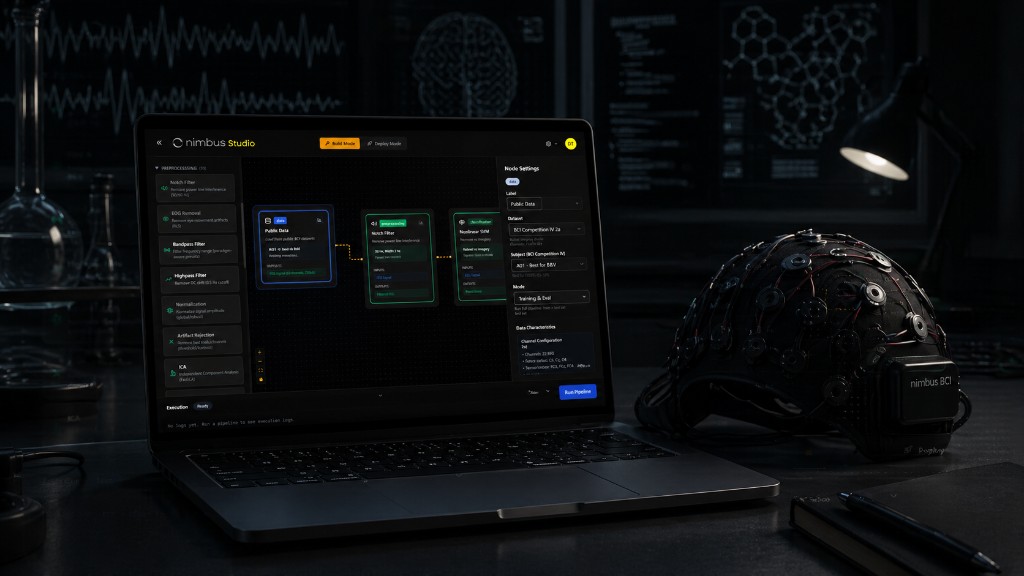 Nimbus Studio in the lab: laptop with pipeline editor and Nimbus BCI headset